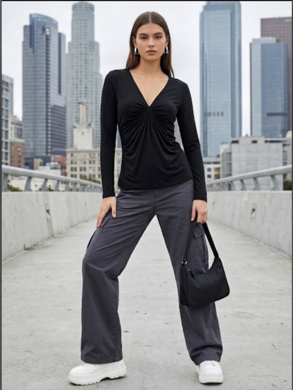 NWT White House Black Market Long Sleeve Pinch Pleat Top Tunic Blouse S 90s Y2K